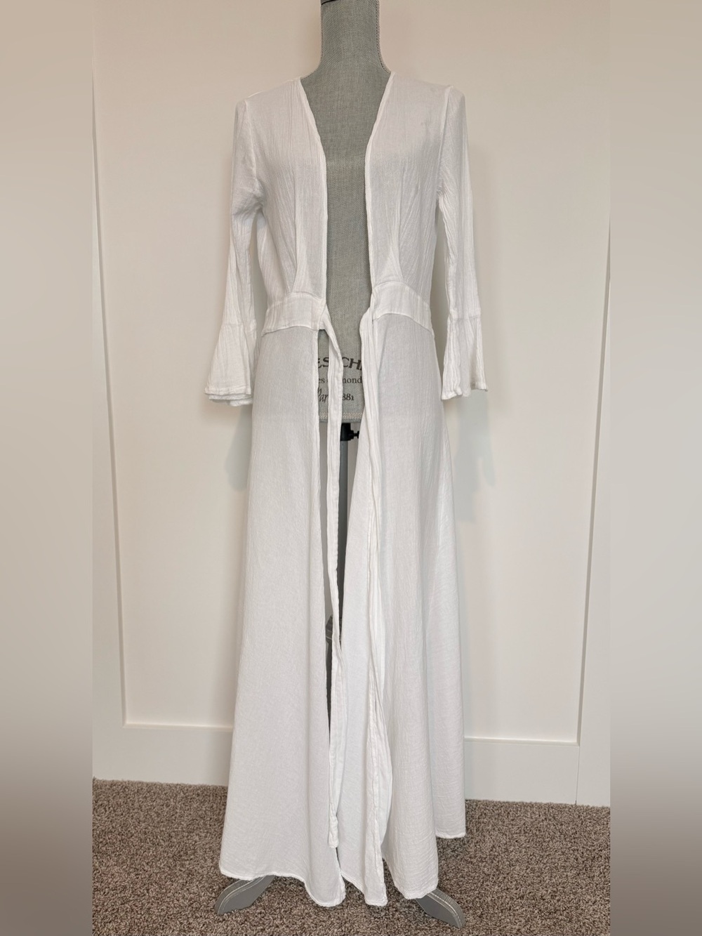 Cotton Natural White Bell Sleeve Tie Front Duster | Boho Beach Cover Up - Picture 4 of 7